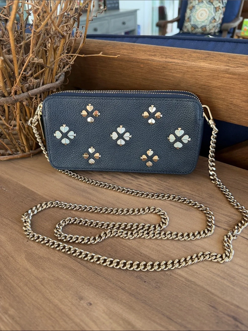 kate spade Margaux Navy Leather Crossbody with Gold & White Spade Flowers